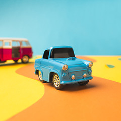 Image showing Vintage miniature car and bus in trendy color, travel concept