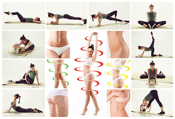 Image showing The collage from images of beautiful slim woman doing some gymnastics at the gym
