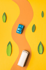 Image showing Vintage miniature car and bus in trendy color, travel concept