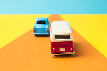 Image showing Vintage miniature car and bus in trendy color, travel concept