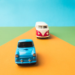 Image showing Vintage miniature car and bus in trendy color, travel concept