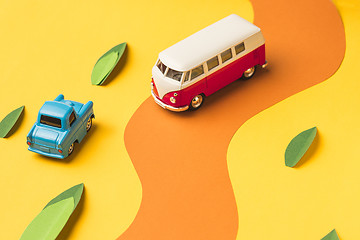 Image showing Vintage miniature car and bus in trendy color, travel concept