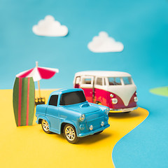 Image showing Vintage miniature car and bus in trendy color, travel concept