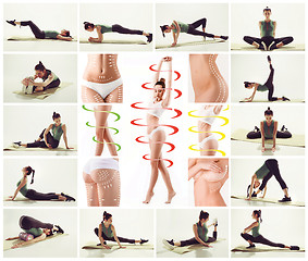 Image showing The collage from images of beautiful slim woman doing some gymnastics at the gym