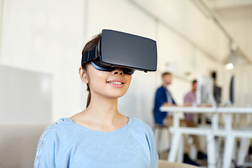 Image showing happy woman with virtual reality headset at office