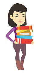 Image showing Woman holding pile of books vector illustration.