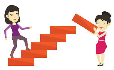 Image showing Business woman runs up the career ladder.