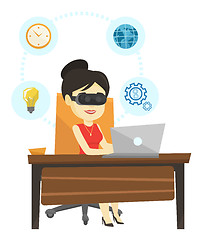 Image showing Business woman in vr headset working on computer.