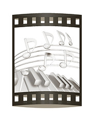 Image showing music notes  background. 3D illustration. The film strip.