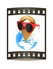 Image showing Glamour map pointer in sunglasses on Earth. 3d illustration. The