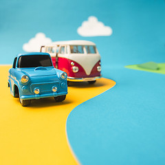 Image showing Vintage miniature car and bus in trendy color, travel concept