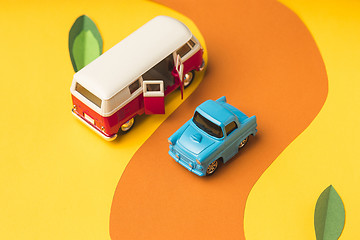 Image showing Vintage miniature car and bus in trendy color, travel concept