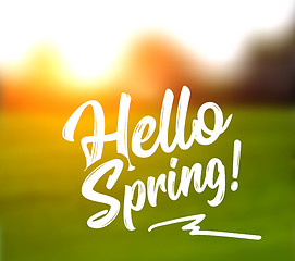 Image showing Text message hello spring, against a background of a spring landscape