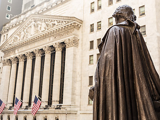 Image showing View from Federal Hall of the statue of George Washington and the Stock Exchange building in Wall Street, New York City.