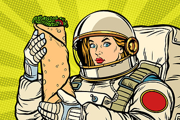 Image showing Hungry woman astronaut with Shawarma kebab