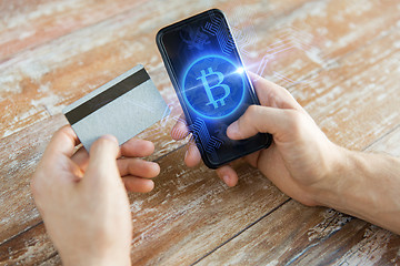 Image showing close up of bitcoin on smartphone and credit card