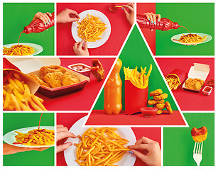 Image showing chicken nuggets and french fries on red background