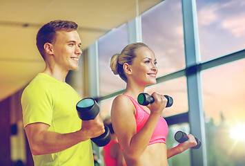 Image showing smiling man and woman with dumbbells in gym