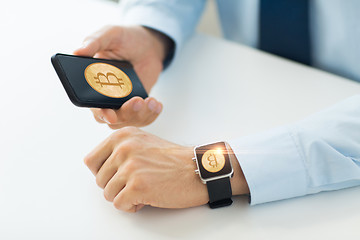 Image showing close up of bitcoin on smartphone and smart watch