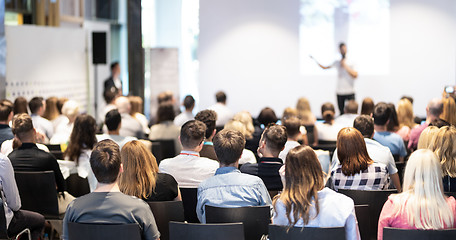 Image showing Business speaker giving a talk at business conference event.