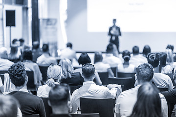 Image showing Business speaker giving a talk at business conference event.