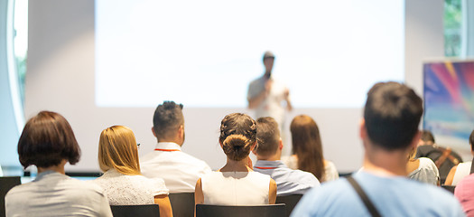 Image showing Business speaker giving a talk at business conference event.