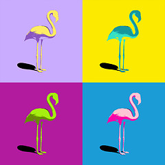 Image showing four different colored flamingos