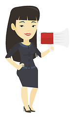 Image showing Business woman speaking into megaphone.