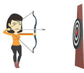 Image showing Archer aiming with bow and arrow at the target.