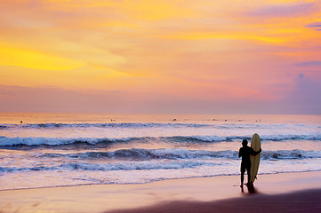 Image showing Surfer stay on the beach