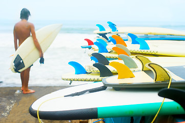 Image showing Surfboards surfer ocean beach. Bali