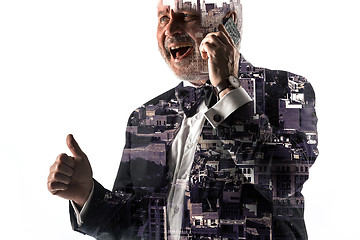 Image showing Portrait of bearded businessman smiling. Double exposure city on the background.