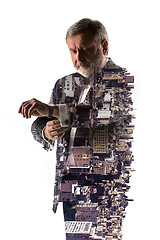 Image showing Portrait of bearded businessman. Double exposure city on the background.