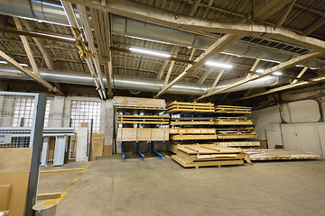 Image showing boards storing at woodworking factory warehouse