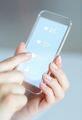 Image showing hands with social media icons on smartphone