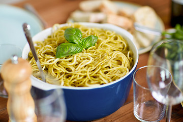 Image showing pasta with basil in bowl and other food on table