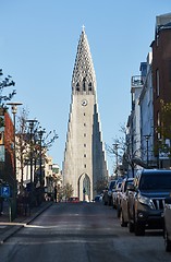 Image showing Reykjavik cathedral exterior viewed from a street