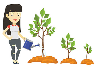 Image showing Business woman watering trees vector illustration.