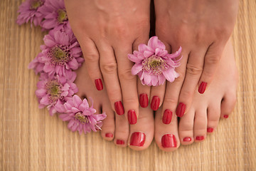 Image showing female feet and hands at spa salon