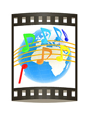 Image showing music notes  background. 3D illustration. The film strip.