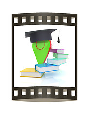 Image showing Pointer of education in graduation hat with books around. 3d ill