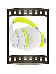 Image showing Golf ball with headset or headphones. 3D rendering. The film str