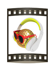 Image showing Gold Golf Ball With Sunglasses and headphones. 3d illustration. 