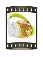 Image showing Gold Golf Ball With headphones. 3d illustration. The film strip.