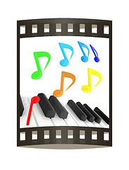 Image showing music notes  background. 3D illustration. The film strip.