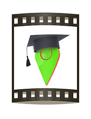 Image showing Geo pin with graduation hat on white. School sign, geolocation a