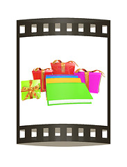 Image showing Gifts and books. 3d illustration. The film strip.