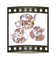 Image showing Chrome Teapot and mugs. 3d illustration. The film strip.