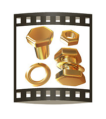 Image showing Gold Bolt with nut. 3d illustration. The film strip.