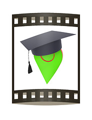 Image showing Geo pin with graduation hat on white. School sign, geolocation a